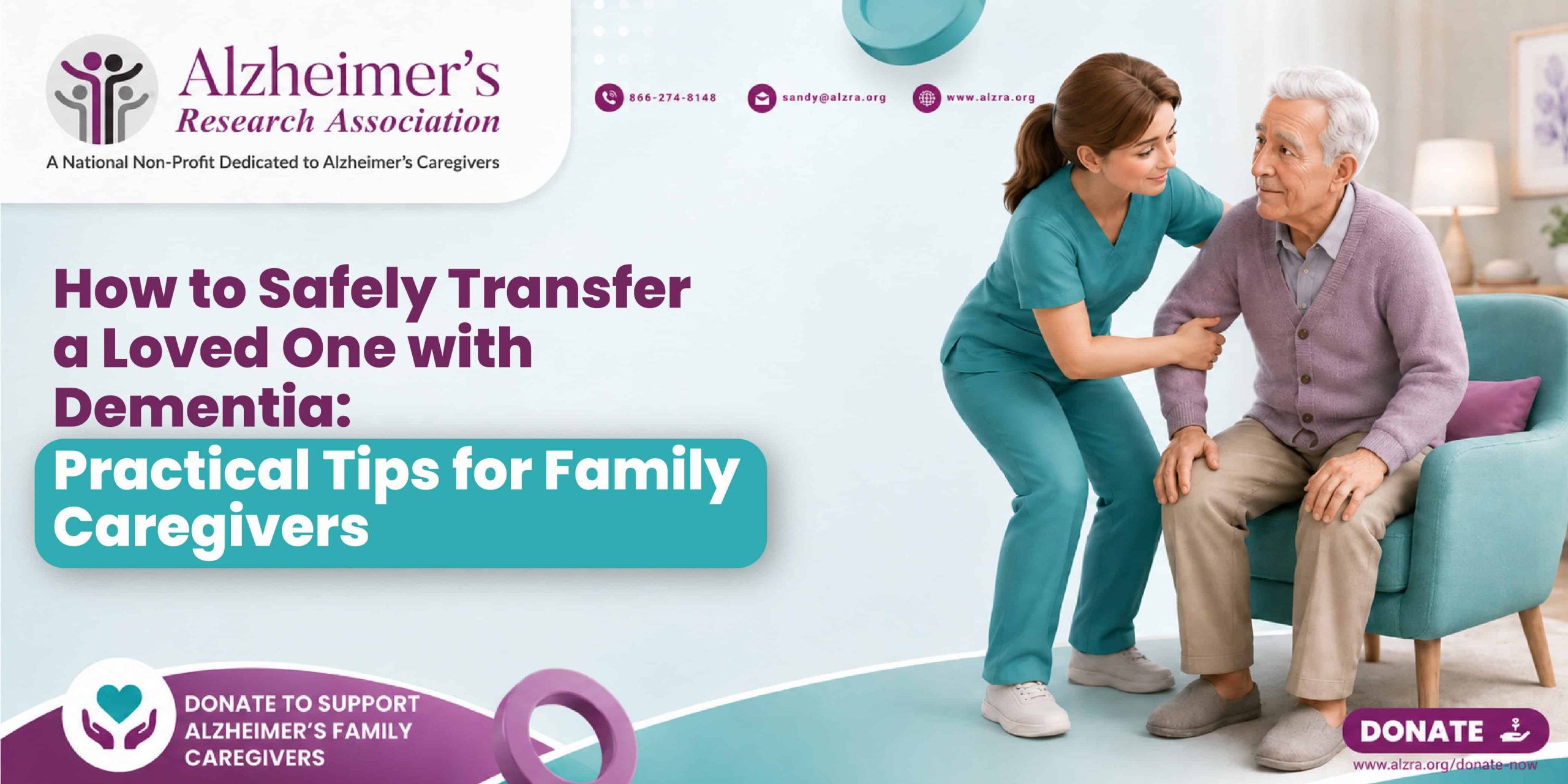 Family caregiver safely helping an elderly person with dementia transfer from bed to chair